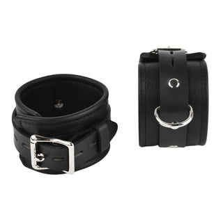 Black Leather & Steel Restraint Set - Wrist & Ankle Cuffs, Collar, Cross Connector, Snap Hooks & Silver Padlocks