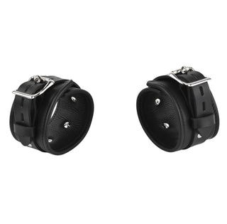 Black Leather & Steel Restraint Set - Wrist & Ankle Cuffs, Collar, Cross Connector, Snap Hooks & Silver Padlocks