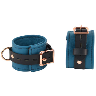 Jade Empress Leather & Rose Gold Restraint Set - Wrist & Ankle Cuffs, Collar, Cross Connector, Snap Hooks & Rose Gold Padlocks