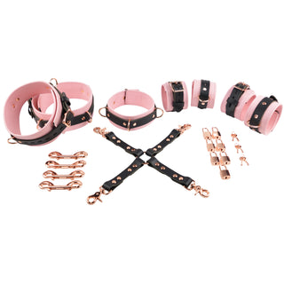 Blush Pink Leather & Rose Gold Restraint Set - Wrist & Ankle Cuffs, Collar, Cross Connector, Snap Hooks & Rose Gold Padlocks