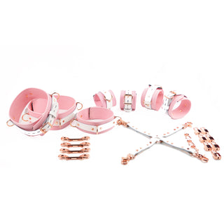 Premium Blush Pink and White Leather & Steel Restraint Set - Wrist, Ankle & Thigh Cuffs, Collar, Cross Connector, Snap Hooks & Padlocks