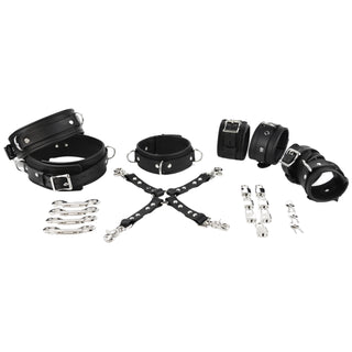 Premium Black Leather & Steel Restraint Set - Wrist, Ankle & Thigh Cuffs, Collar, Cross Connector, Snap Hooks & Padlocks