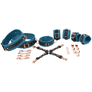 Premium Jade Empress Leather & Rose Gold Restraint Set - Wrist, Ankle & Thigh Cuffs, Collar, Cross Connector, Snap Hooks & Rose Gold Padlocks