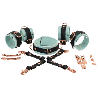 Premium Restraint Set Beautiful Triple Layer Leather Wrist-Ankle Cuffs And Collar - Aqua Adore Blue & Rose Gold