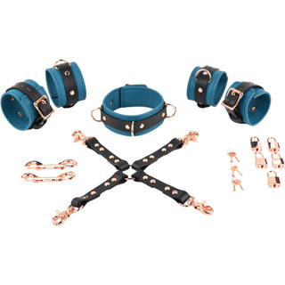 Jade Empress Leather & Rose Gold Restraint Set - Wrist & Ankle Cuffs, Collar, Cross Connector, Snap Hooks & Rose Gold Padlocks