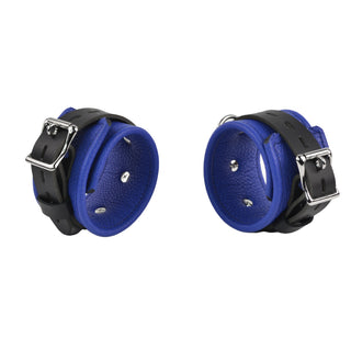 Premium Deep Blue Leather & Steel Restraint Set - Wrist, Ankle & Thigh Cuffs, Collar, Cross Connector, Snap Hooks & Steel Padlocks
