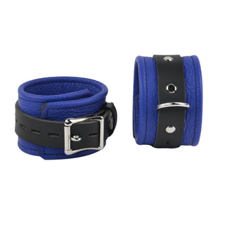Premium Deep Blue Leather & Steel Restraint Set - Wrist, Ankle & Thigh Cuffs, Collar, Cross Connector, Snap Hooks & Steel Padlocks