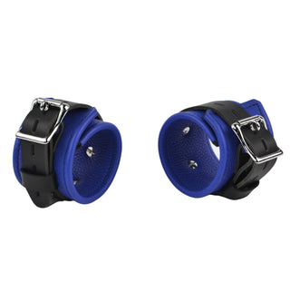 Premium Deep Blue Leather & Steel Restraint Set - Wrist, Ankle & Thigh Cuffs, Collar, Cross Connector, Snap Hooks & Steel Padlocks