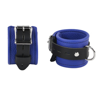 Premium Deep Blue Leather & Steel Restraint Set - Wrist, Ankle & Thigh Cuffs, Collar, Cross Connector, Snap Hooks & Steel Padlocks