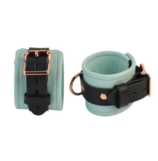 Premium Restraint Set Beautiful Triple Layer Leather Wrist-Ankle Cuffs And Collar - Aqua Adore Blue & Rose Gold