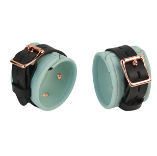 Premium Restraint Set Beautiful Triple Layer Leather Wrist-Ankle Cuffs And Collar - Aqua Adore Blue & Rose Gold