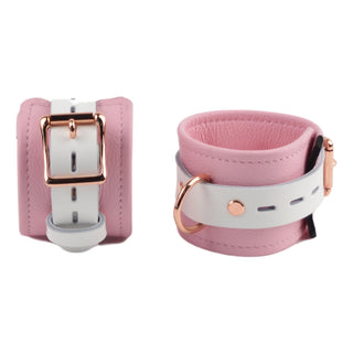 Premium Blush Pink and White Leather & Steel Restraint Set - Wrist, Ankle & Thigh Cuffs, Collar, Cross Connector, Snap Hooks & Padlocks
