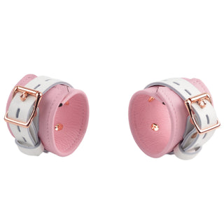 Premium Blush Pink and White Leather & Steel Restraint Set - Wrist, Ankle & Thigh Cuffs, Collar, Cross Connector, Snap Hooks & Padlocks