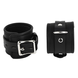Black Leather & Steel Restraint Set - Wrist & Ankle Cuffs, Collar, Cross Connector, Snap Hooks & Silver Padlocks