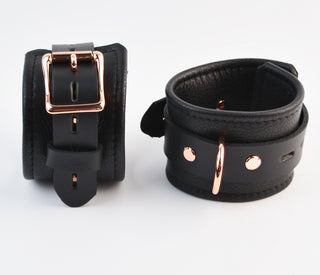 Premium Black Leather & Rose Gold Restraint Set - Wrist, Ankle & Thigh Cuffs, Collar, Cross Connector, Snap Hooks & Padlock