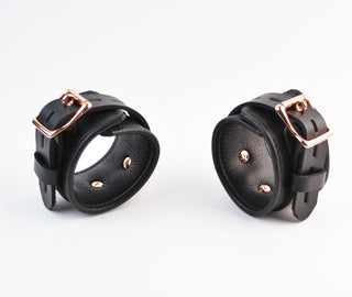 Premium Black Leather & Rose Gold Restraint Set - Wrist, Ankle & Thigh Cuffs, Collar, Cross Connector, Snap Hooks & Padlock