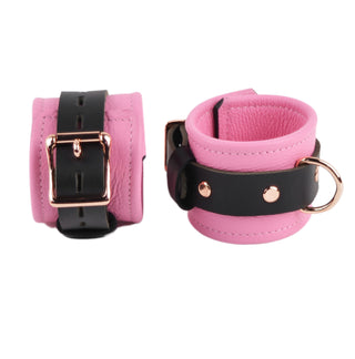 Premium Princess Pink Leather & Steel Restraint Set - Wrist & Ankle Cuffs, Collar, Cross Connector, Snap Hooks & Padlocks