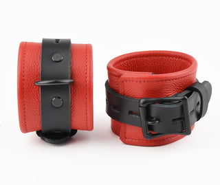 Premium Red Leather & Black Hardware Set - Wrist, Ankle & Thigh Cuffs, Collar, Cross Connector, Snap Hooks & Padlock
