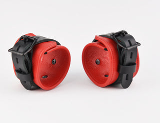 Premium Red Leather & Black Hardware Set - Wrist, Ankle & Thigh Cuffs, Collar, Cross Connector, Snap Hooks & Padlock