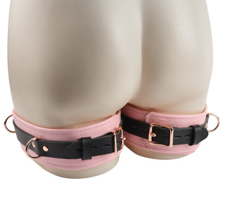 Blush Pink Leather & Rose Gold Restraint Set - Wrist & Ankle Cuffs, Collar, Cross Connector, Snap Hooks & Rose Gold Padlocks