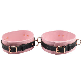 Blush Pink Leather & Rose Gold Restraint Set - Wrist & Ankle Cuffs, Collar, Cross Connector, Snap Hooks & Rose Gold Padlocks