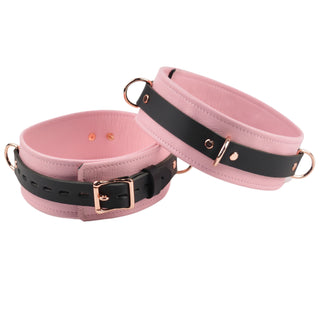 Blush Pink Leather & Rose Gold Restraint Set - Wrist & Ankle Cuffs, Collar, Cross Connector, Snap Hooks & Rose Gold Padlocks