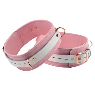 Premium Blush Pink and White Leather & Steel Restraint Set - Wrist, Ankle & Thigh Cuffs, Collar, Cross Connector, Snap Hooks & Padlocks