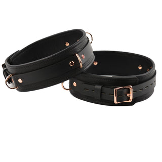 Premium Black Leather & Rose Gold Restraint Set - Wrist, Ankle & Thigh Cuffs, Collar, Cross Connector, Snap Hooks & Padlock