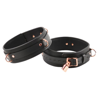 Premium Black Leather & Rose Gold Restraint Set - Wrist, Ankle & Thigh Cuffs, Collar, Cross Connector, Snap Hooks & Padlock