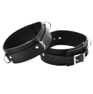Black Leather & Steel Restraint Set - Wrist & Ankle Cuffs, Collar, Cross Connector, Snap Hooks & Silver Padlocks