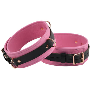 Princess Pink Leather & Rose Gold Restraint Set - Wrist & Ankle Cuffs, Collar, Cross Connector, Snap Hooks & Rose Gold Padlocks