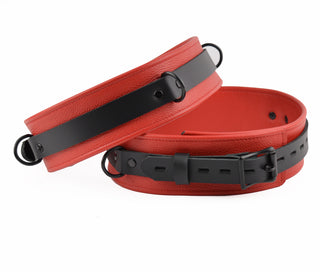 Premium Red Leather & Black Hardware Set - Wrist, Ankle & Thigh Cuffs, Collar, Cross Connector, Snap Hooks & Padlock