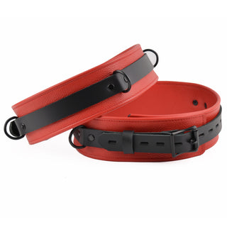 Premium Red Leather & Black Hardware Set - Wrist, Ankle & Thigh Cuffs, Collar, Cross Connector, Snap Hooks & Padlock
