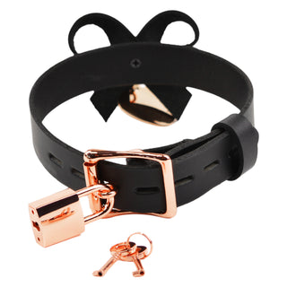 Black Leather Collar With Bow and Custom Engraved Rose Gold Love Heart Pendant
