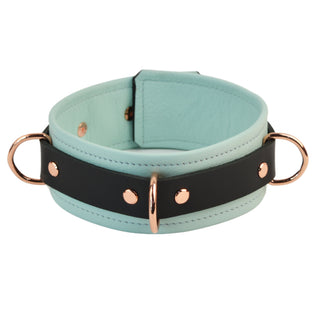 Aqua Adore Blue & Rose Gold Premium Three Ring Leather Bondage Collar