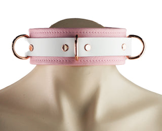 Blush Pink & White Leather Combination Premium Three Ring Leather Bondage Collar with Rose Gold Hardware