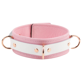 Blush Pink & White Leather Combination Premium Three Ring Leather Bondage Collar with Rose Gold Hardware
