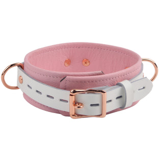 Premium Blush Pink and White Leather & Steel Restraint Set - Wrist, Ankle & Thigh Cuffs, Collar, Cross Connector, Snap Hooks & Padlocks