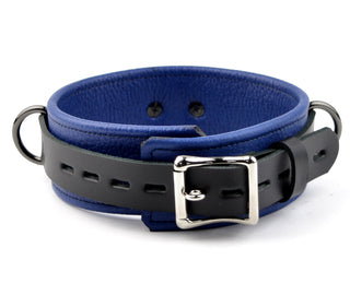 Dark Blue Premium Three Ring Leather Bondage Collar