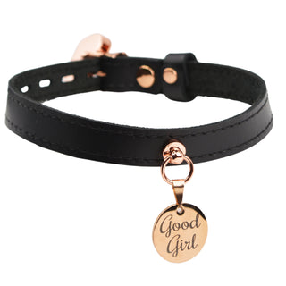 Black Leather Amare Day Collar with Custom Engraved Rose Gold Round Pendant – 'Good Girl'