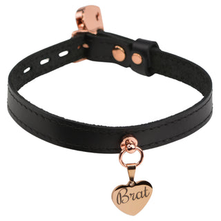 Black Leather Amare Day Collar with Custom Engraved Rose Gold Love Heart Pendant – 'Brat'