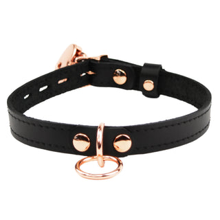 Black Leather Day Collar with Small Rose Gold Ring