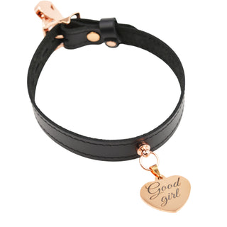 Black Leather Collar with Custom Engraved Rose Gold Love Heart Pendant – 'Good Girl'