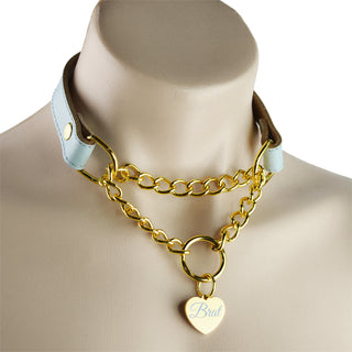 Aqua Adore Custom Engraved Leather Martingale Day Collar - Gold Love Heart Pendant