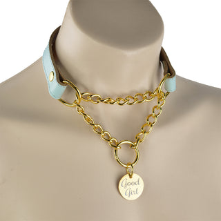 Aqua Adore Custom Engraved Leather Martingale Day Collar - Gold Round Pendant