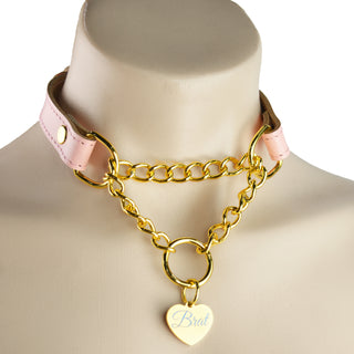 Blush Pink Custom Engraved Leather Martingale Day Collar - Gold Love Heart Pendant