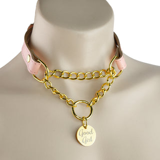 Blush Pink Custom Engraved Leather Martingale Day Collar - Gold Round Pendant