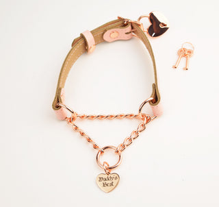 Custom Engraved Rose Gold & Blush Pink Leather Martingale Day Collar - Love Heart or Round Pendant