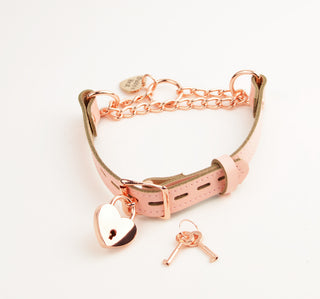 Blush Pink Custom Engraved Leather Martingale Day Collar - Rose Gold Love Heart Pendant