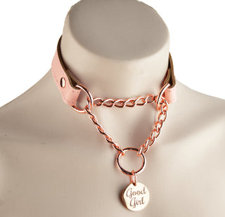 Blush Pink Engraved Leather Martingale Day Collar - Rose Gold Round Pendant